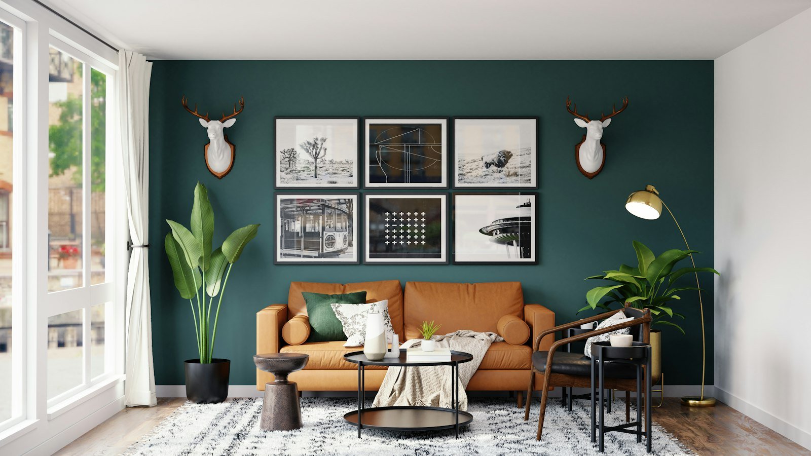 Living room at Casa Lumen, with a green wall and oak furniture