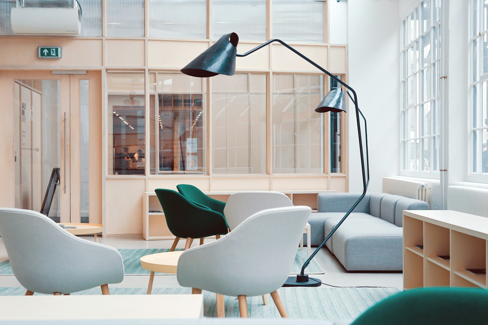 The lounge at Atrium 12, with a timber ceiling and garden views
